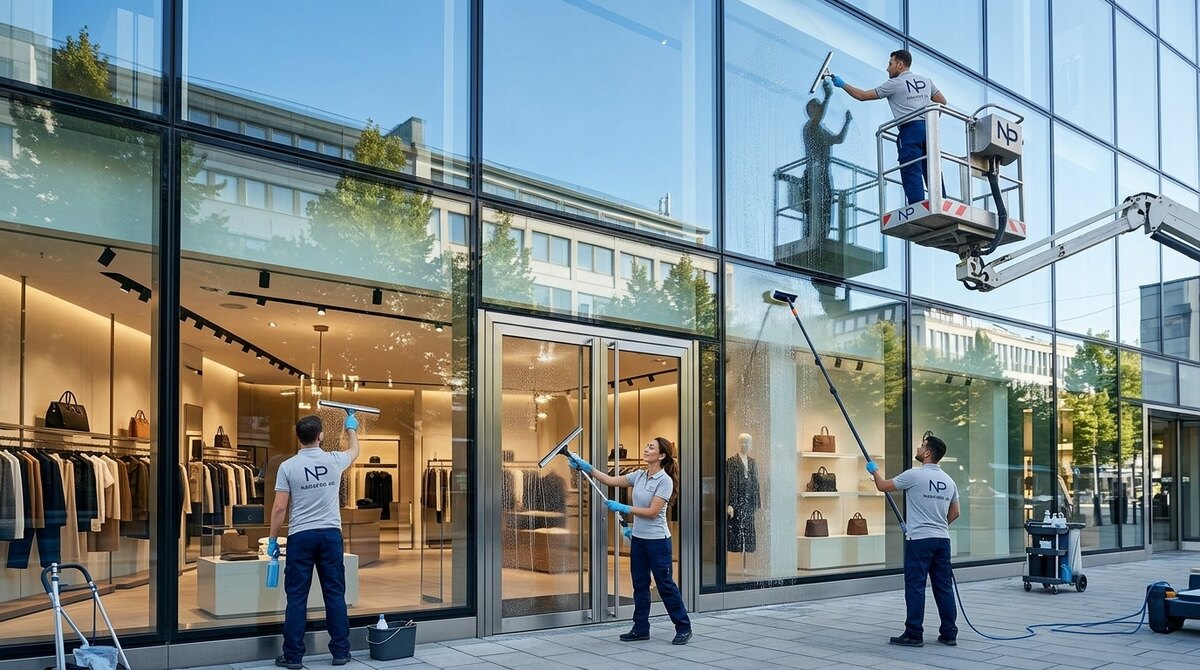 Fönsterputsare från NadaPro AB putsar en butiksfasad med skrapa, teleskopstång och skylift