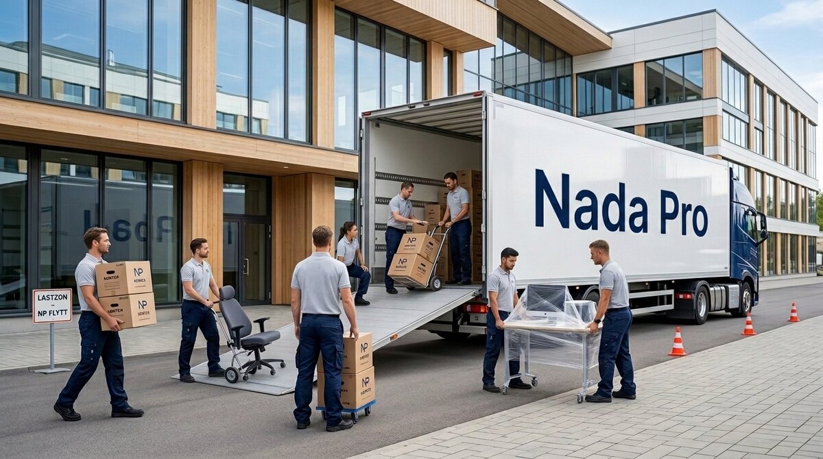 NadaPro AB:s flyttbil och personal utanför en kontorsbyggnad, redo för en företagsflytt