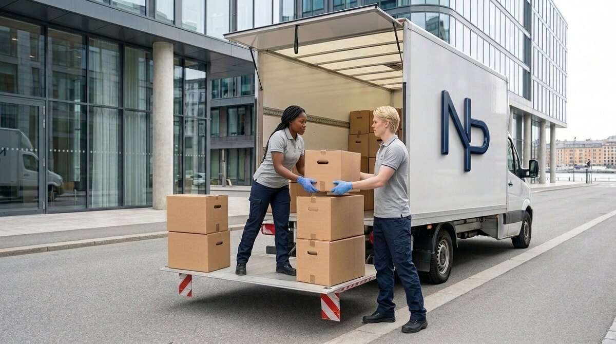 Flyttpersonal från NadaPro AB bär kartonger till flyttbilen vid en privatflytt