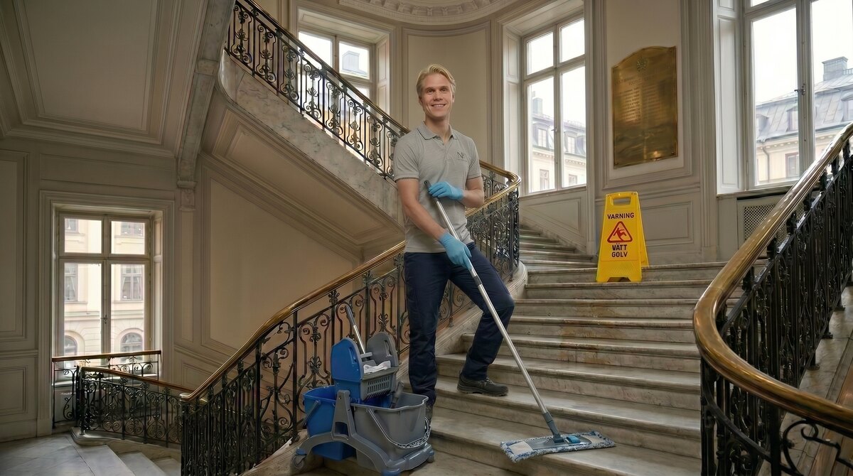 Lokalvårdare från NadaPro AB moppar trappan i ett trapphus med smidesräcke